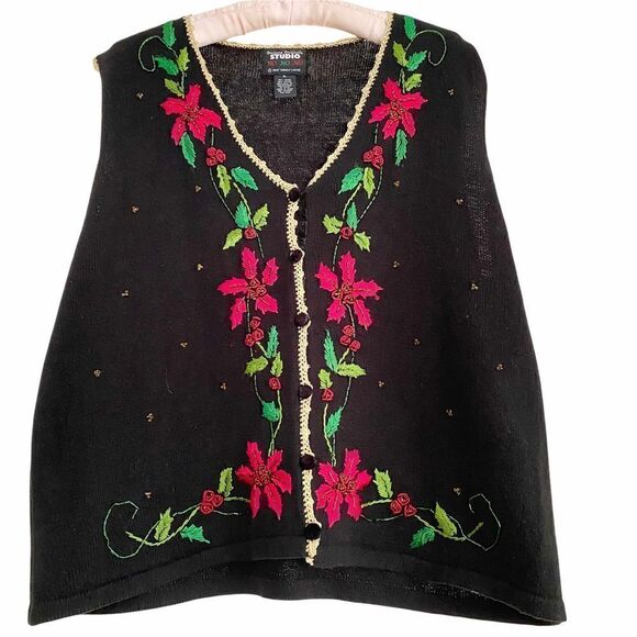 Vintage Christmas Poinsettia Beaded Embroidered Black Red Green Sweater Vest XL - Picture 1 of 7